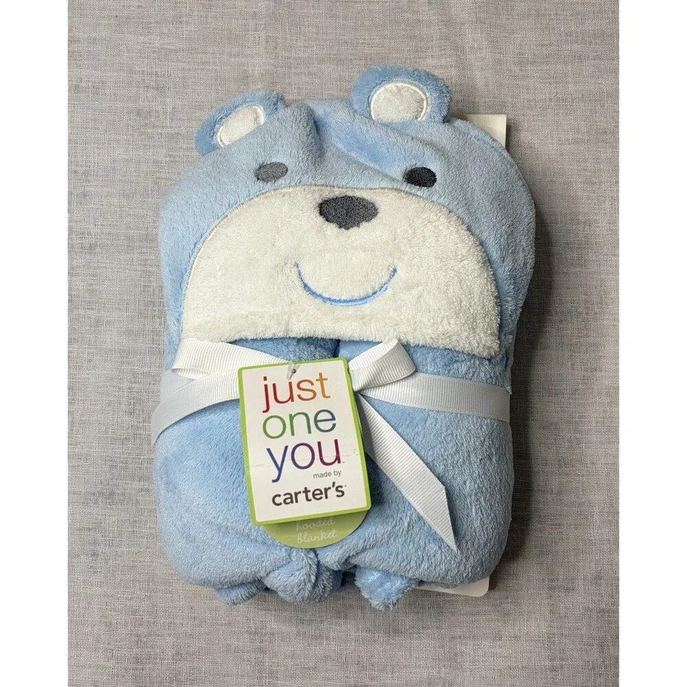 Carters Hooded Blanket 36”x36” Blue Bear Baby Boy Nursery Infant Shower Gift NWT